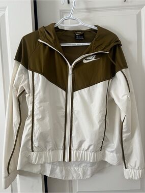 Nike Olive Green and White Hooded Bomber Jacket